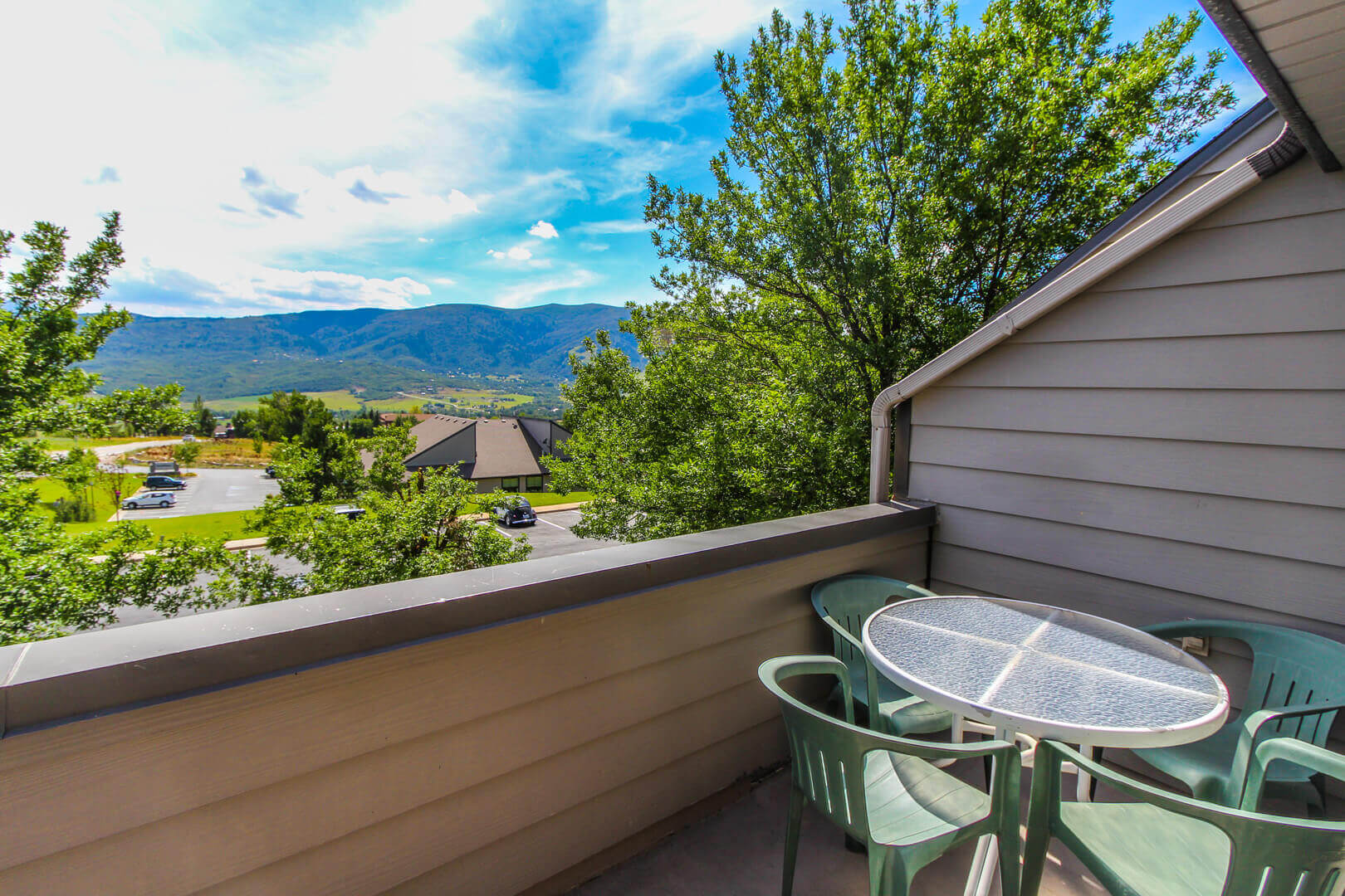 A scenic balcony view at VRI's Wolf Creek Village I in Eden, Utah.